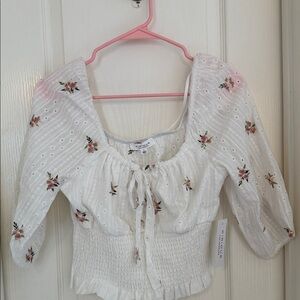Chic White Floral Blouse with Smocked Detail